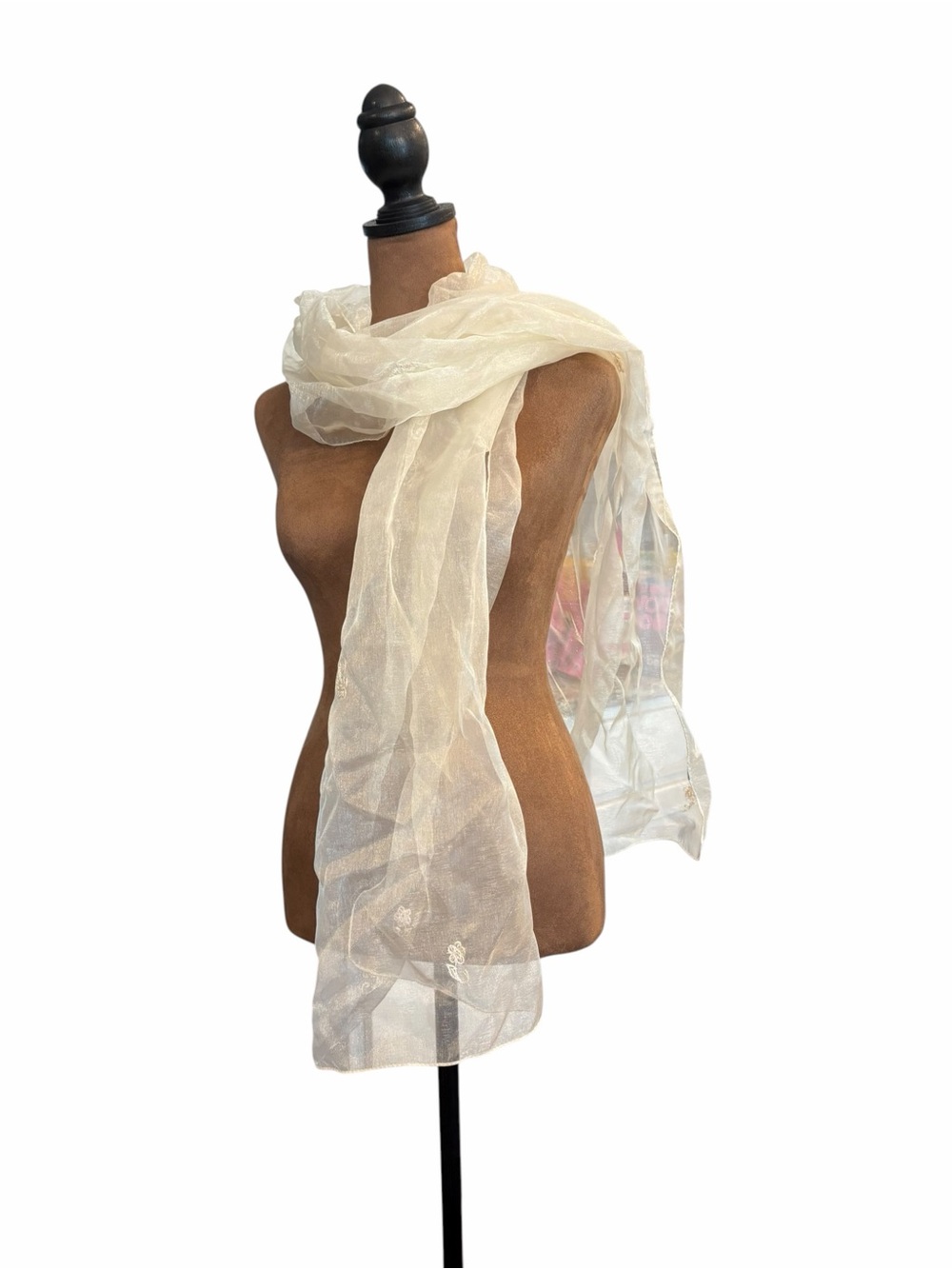 Long Gauzy Scarf Ivory Small Embroidered Florals 72” Sheer Wedding Shawl Wrap